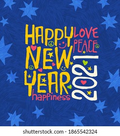 Happy New Year 2020 design with  with inspiring handwritten words. Blue background with abstract stars. For greeting cards, banners, posters.