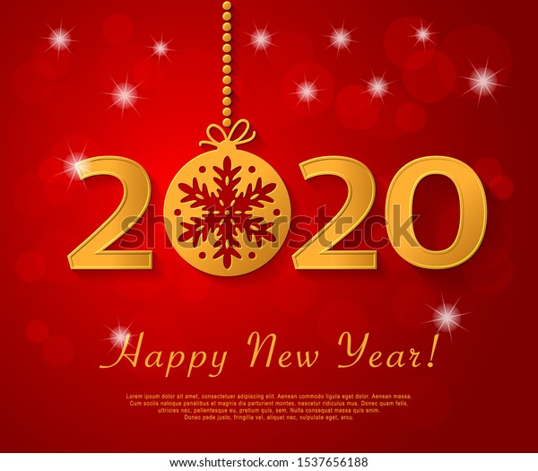 Happy New Year 2020 design with golden christmas ball with snowflake. Vector red christmas greeting 