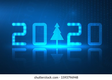 Happy new year 2020 digits technology and Christmas tree consisting shining in the midle. Xmas New Year card background. Digital computer technology abstract backgorund.