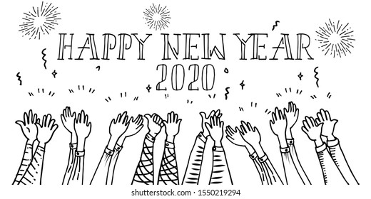 Happy New Year 2020.  doodle hands of people who are celebrating the new year. applause. thumbs up and fire work. vector illustration