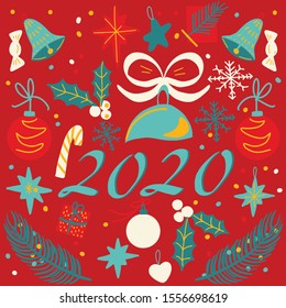 Happy New Year 2020 - doodle  New Year bright background with colourful elements 