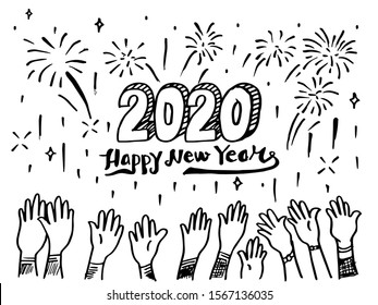 Happy New Year 2020.  doodle hands of people who are celebrating the new year. applause. thumbs up and fire work. vector illustration