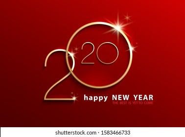 Happy New Year 2020. Elegant design gold shiny numbers with white stripe, isolated white text. Red background. Stars. Futuristic Design 2020 New Logo. Elements for calendar and greeting card, template