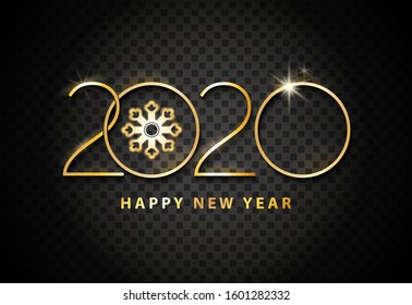 Happy New Year 2020. Elegant design gold numbers and snowflake, isolated white text. Dark background. Stars shiny. Futuristic Design 2020 New Logo. Elements for calendar and greeting card, poster