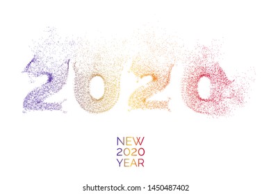 Happy New Year 2020. Explosive text from dots 2020 .Vector illustration. Isolated white background.