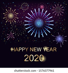 Happy New Year 2020 festival with colorful fireworks background.Greeting card and party poster.Celebration and cheerful holiday.