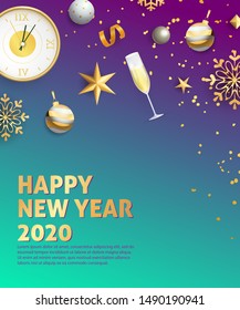 Happy New Year 2020 festive poster. Design with Christmas balls, swirl elements on violet and blue background. Lettering can be used for greeting cards, posters, leaflets
