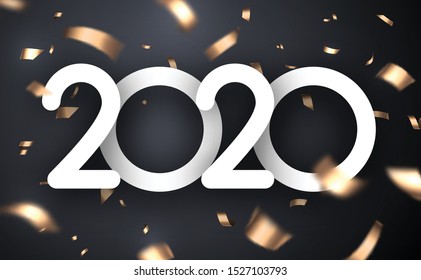 Happy New Year 2020 festive poster with golden blurred confetti. Vector background.