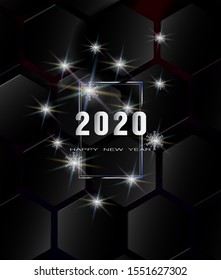 Happy New Year 2020. Festive black and white vector illustration of white 2020 sign, flickering snowflakes and abstract black hexagons. Holiday poster or banner design.
