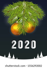 Happy New Year 2020. Festive New Year illustration with spruce branch, golden Christmas balls and white sign 2020. New year poster