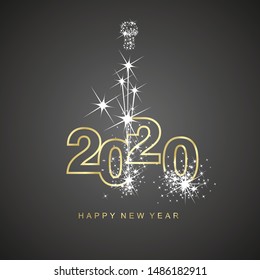 Happy New Year 2020 firework gold line design numbers black background