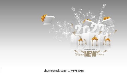 Happy New Year 2020 firework white box silver grey landscape greeting card