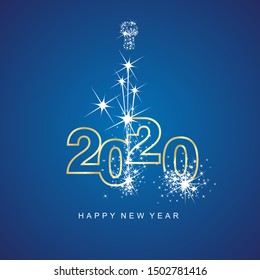 Happy New Year 2020 firework gold line design numbers blue background