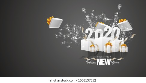 Happy New Year 2020 firework gift box black landscape greeting card