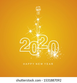 Happy New Year 2020 with firework and white line numbers orange yellow background