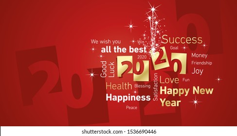 Happy New Year 2020 firework negative space word cloud text gold white red vector