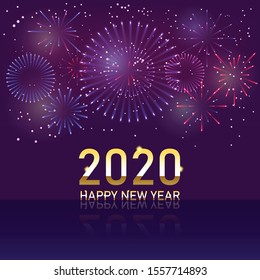 Happy New Year 2020 with Firework show on violet night sky background.