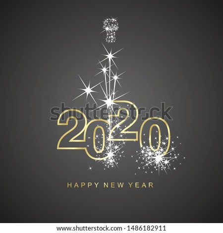 Happy New Year 2020 firework gold line design numbers black background