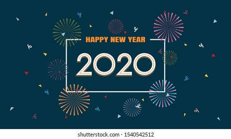 happy new year 2020 with fireworks in flat icon design on dark blue color background 