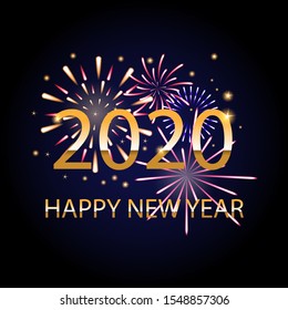 Happy New Year 2020 with fireworks, Holiday Design for Premium Greeting Card, Party Invitation. Vector illustration. 