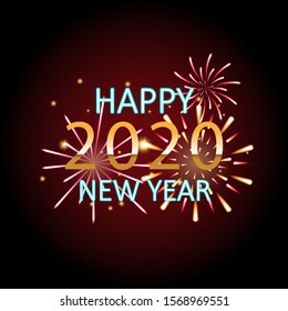 Happy New Year 2020 with fireworks, Holiday Design for Premium Greeting Card, Party Invitation. Vector illustration. 