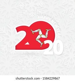 Happy New Year 2020 with flag of Isle of Man on snowflake background. Greeting Isle of Man with new 2020 year.
