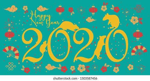 Happy new year 2020. Flat vector chinese year. Flat vektor rat year. 2020 illustration.