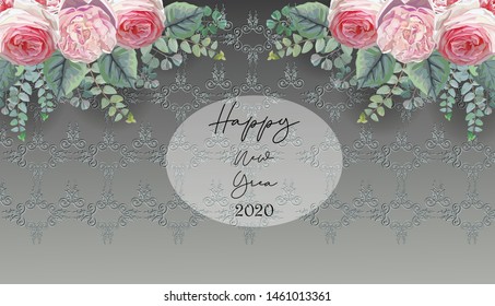 Happy New Year 2020 with floral bouquet pink English rose on luxurry grey background