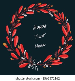 Happy New Year 2020 floral wreath with greetings