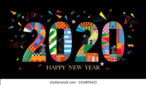 Happy New Year 2020 font and rats in geometric style on black background, Creative design for Greeting Lettering. New Year of the rat symbol 2020, flyers, posters, banners and calendar