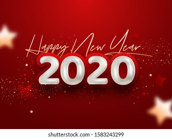 Happy New Year 2020 Font in Golden and White Color and Confetti Decorated on Red Background.