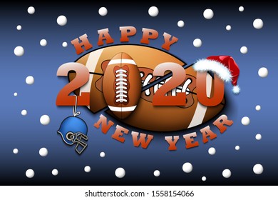 Happy new year 2020 and football ball with helmet and Christmas hat. Creative design pattern for greeting card, banner, poster, flyer, party invitation, calendar. Vector illustration