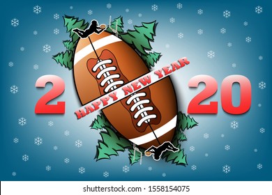 Happy new year 2020 and football ball with Christmas trees on an isolated background. Rugby player. Design pattern for greeting card. Vector illustration