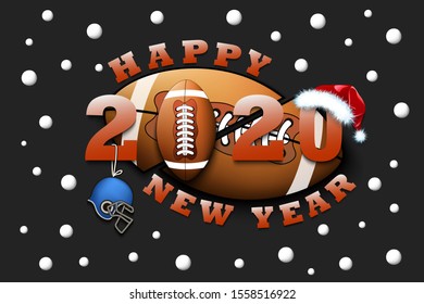 Happy new year 2020 and football ball with helmet and Christmas hat. Creative design pattern for greeting card, banner, poster, flyer, party invitation, calendar. Vector illustration