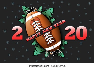 Happy new year 2020 and football ball with Christmas trees on an isolated background. Rugby player. Design pattern for greeting card. Vector illustration