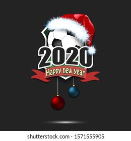 Happy new year 2020. Football logo template design. Soccer ball in santa hat. Pattern for banner, poster, greeting card, party invitation. Vector illustration