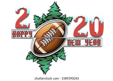Happy new year 2020 and football ball with Christmas trees on an isolated background. Snowy numbers and letters. Design pattern for greeting card, banner, poster, flyer. Vector illustration