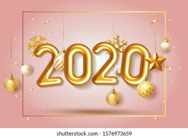 Happy New Year 2020 frame. Gold foil balloons numeral 2020 and confetti on pink background. Elegant Pink Greeting celebration poster. Golden numbers with sparkling golden confetti 3d realistic vector
