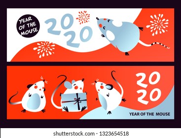 Happy new year 2020. Funny mouse with long tail. Template image banner, poster Happy new year party with rat, mice. Lunar horoscope sign. Chinese translation hieroglyph Mouse. Vector illustration.