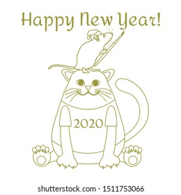 Happy new year 2020. Funny cartoon vector illustration with rat and cat. Holiday background. Rat zodiac sign, symbol of 2020 year. Chinese New Year. Design for postcard, banner, print.