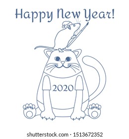 Happy new year 2020. Funny cartoon vector illustration with rat and cat. Holiday background. Rat zodiac sign, symbol of 2020 year. Chinese New Year. Design for postcard, banner, print.