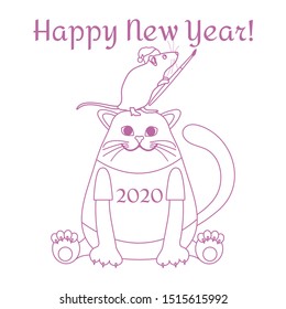 Happy new year 2020. Funny cartoon vector illustration with rat and cat. Holiday background. Rat zodiac sign, symbol of 2020 year. Chinese New Year. Design for postcard, banner, print.
