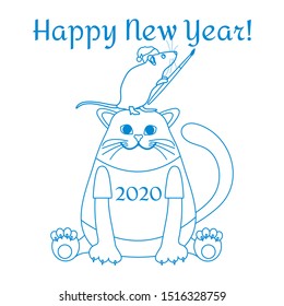 Happy new year 2020. Funny cartoon vector illustration with rat and cat. Holiday background. Rat zodiac sign, symbol of 2020 year. Chinese New Year. Design for postcard, banner, print.