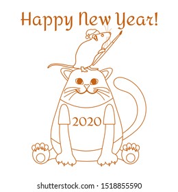 Happy new year 2020. Funny cartoon vector illustration with rat and cat. Holiday background. Rat zodiac sign, symbol of 2020 year. Chinese New Year. Design for postcard, banner, print.