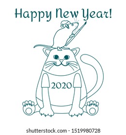 Happy new year 2020. Funny cartoon vector illustration with rat and cat. Holiday background. Rat zodiac sign, symbol of 2020 year. Chinese New Year. Design for postcard, banner, print.