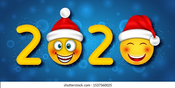 Happy New Year 2020 with Funny Emoticons in Santa Claus Hats