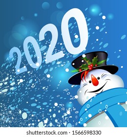 Happy new year 2020. Funny snowman on a blue abstract background. Big numbers 2020. Christmas poster or banner design. Holiday vector illustration.