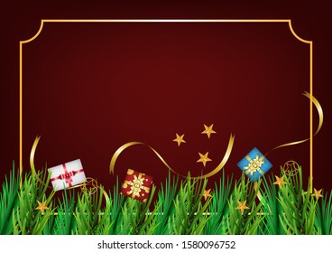 Happy New Year 2020 gift box with pine leaf on red background for celebration, illustration, anniversary