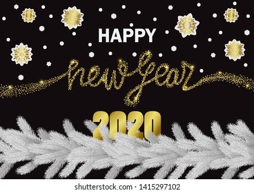 Happy New Year 2020 Glitter and Christmas tree Greeting Banner