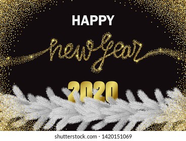 Happy New Year 2020 Glitter and Christmas tree Greeting Banner